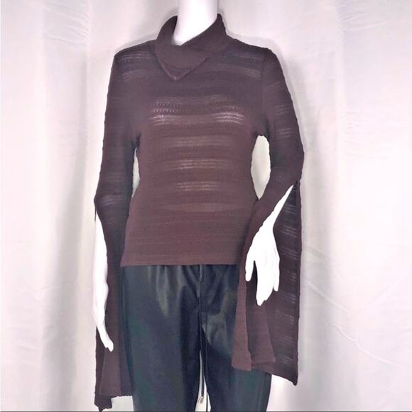 LA Made xRevolve Brown Semi-sheer Stripe Bat-wing Knit Mock Neck Sweater SzS - Picture 2 of 16